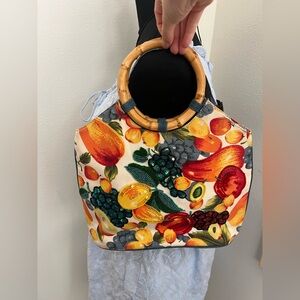 Vintage Fruit Print Bamboo Handle Tote Bag (One Size)